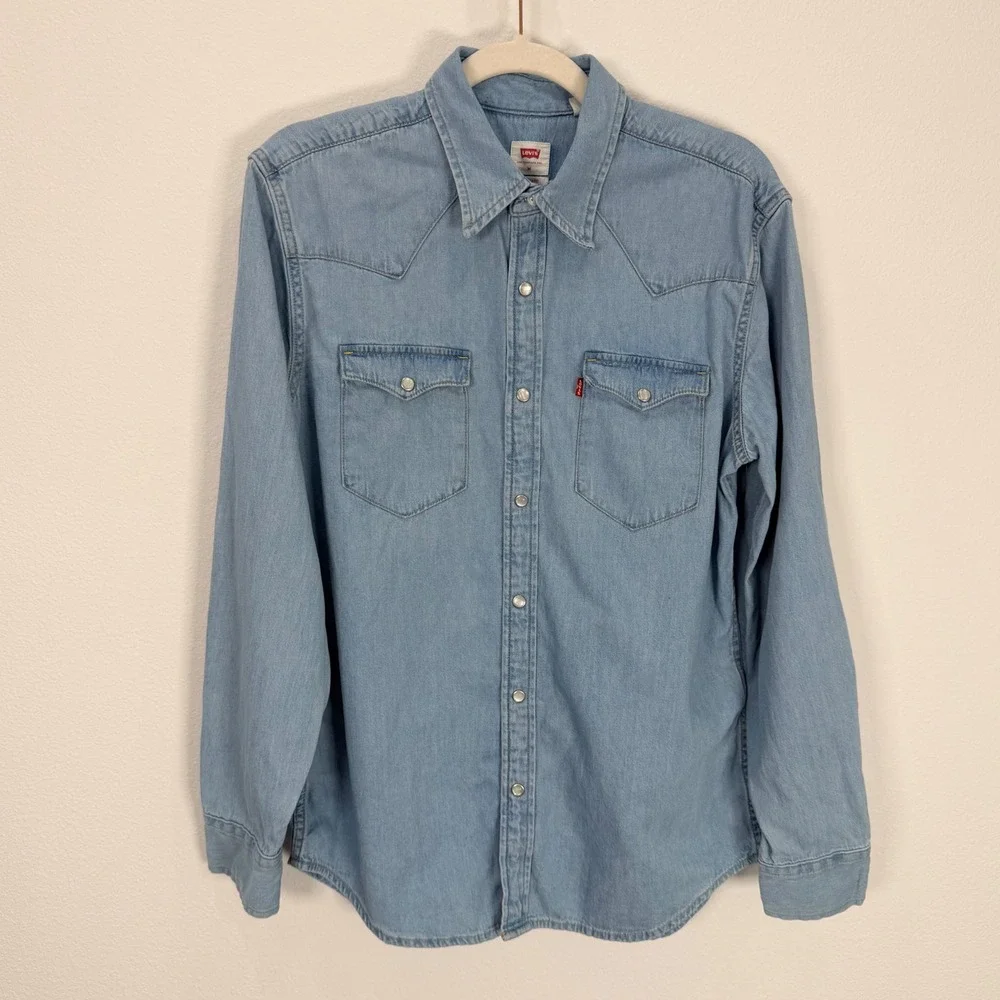 Levis Mens Medium Standard Western Denim Shirt Blue Pearl Snap Long Sleeve